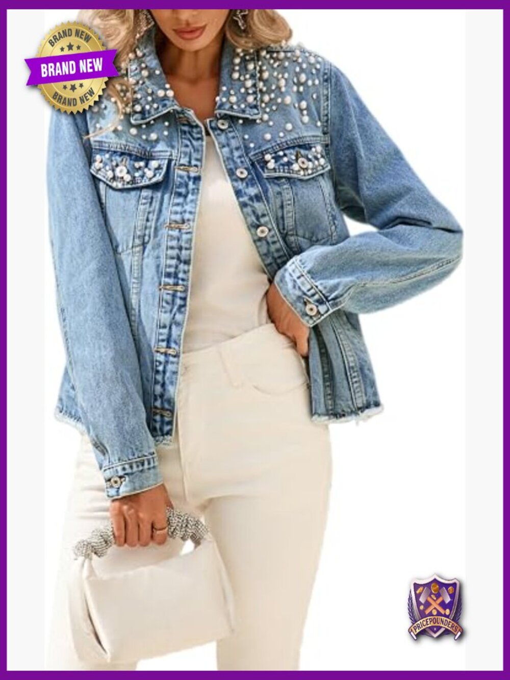 Cropped Pearl Embellished Frayed Hem Denim Jacket